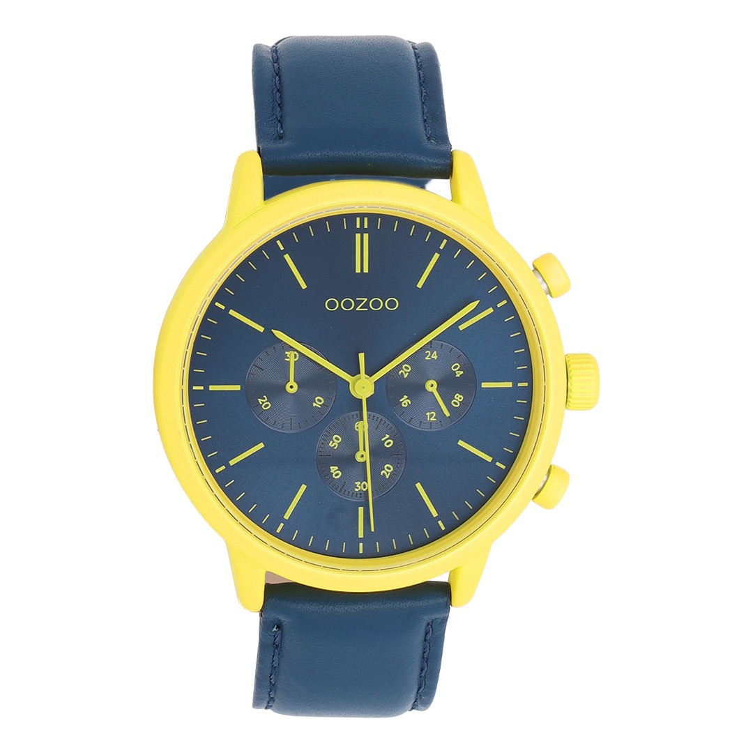 Yellow coloured OOZOO watch with blue leather strap